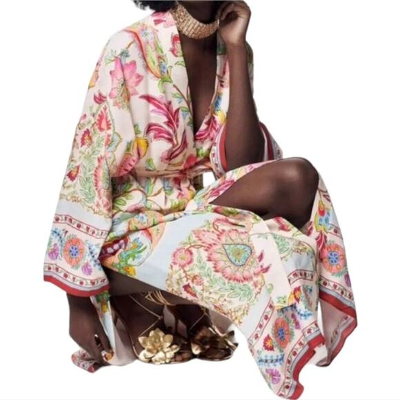 ZARA Pink Printed Belted Long Line Open Front Kimono Robe Duster Sz XS S M New - Picture 11 of 15